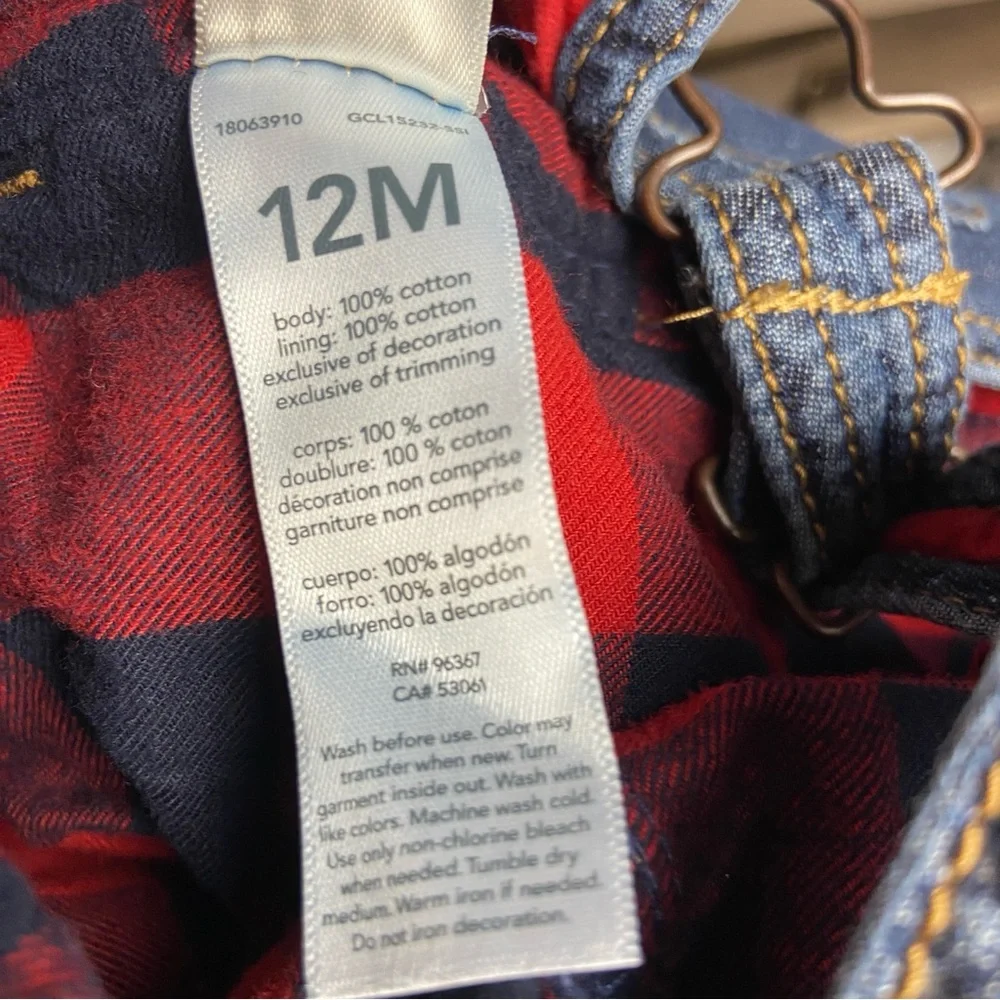 Oshkosh B’gosh 12 Months Classic Denim Blue Jeans Overalls Red‎ Plaid Flannel